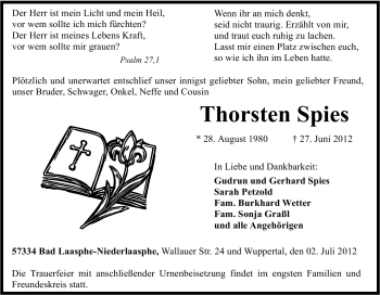 Traueranzeige von Thorsten Spies von Tageszeitung