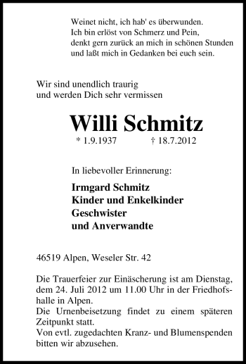 Traueranzeige von Willi Schmitz von Tageszeitung