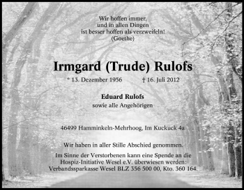 Traueranzeige von Irmgard Rulofs von Tageszeitung