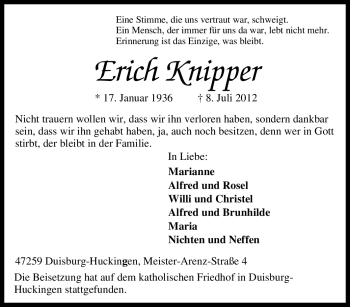 Traueranzeige von Erich Knipper von Tageszeitung