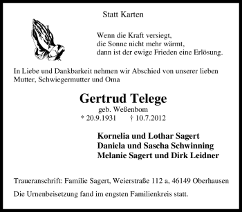 Traueranzeige von Gertrud Telege von Tageszeitung