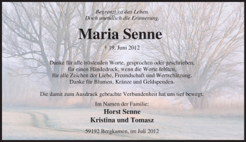 Traueranzeige von Maria Senne von Tageszeitung