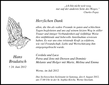 Traueranzeige von Hans Bradatsch von Tageszeitung