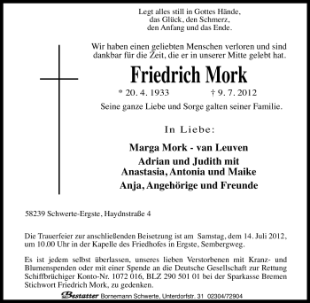 Traueranzeige von Friedrich Mork von Tageszeitung