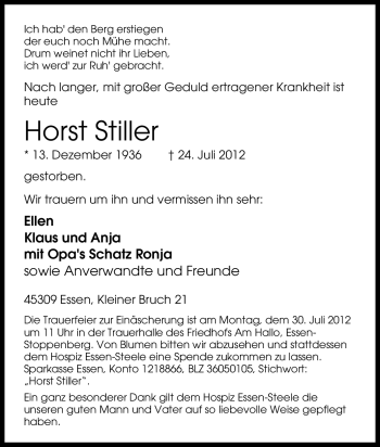 Traueranzeige von Horst Stiller von Tageszeitung