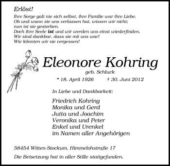 Traueranzeige von Eleonore Kohring von Tageszeitung