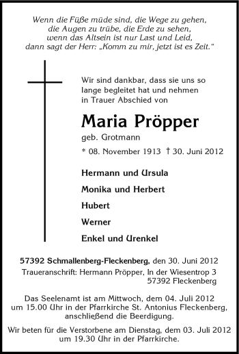 Traueranzeige von Maria Pröpper von Tageszeitung