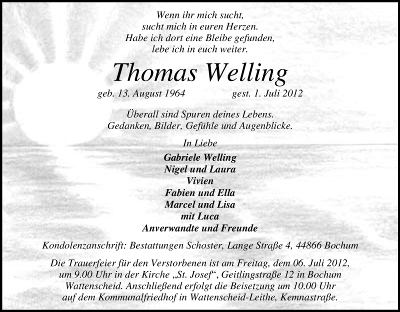  Traueranzeige für Thomas Welling vom 03.07.2012 aus Tageszeitung