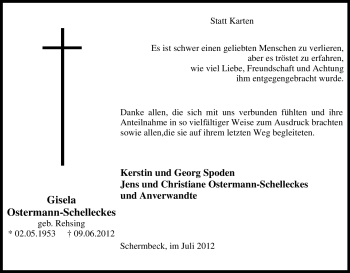 Traueranzeige von Gisela Ostermann-Schelleckes von Tageszeitung