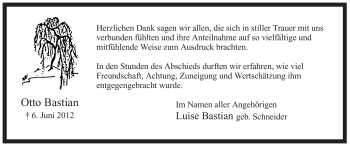 Traueranzeige von Otto Bastian von Tageszeitung