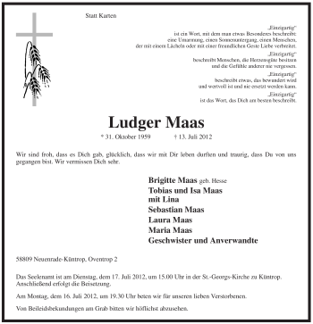 Traueranzeige von Ludger Maas von Tageszeitung