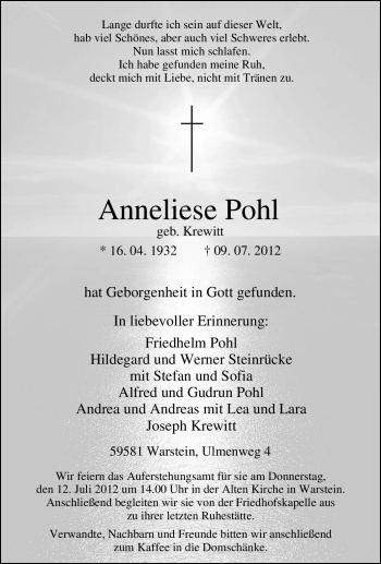 Traueranzeige von Anneliese Pohl von Tageszeitung