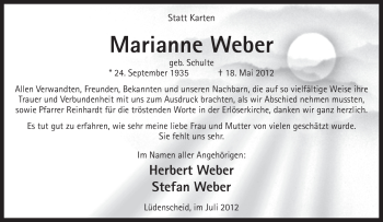 Traueranzeige von Marianne Weber von Tageszeitung