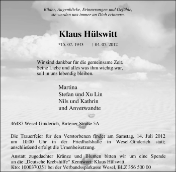 Traueranzeige von Klaus Hülswitt von Tageszeitung