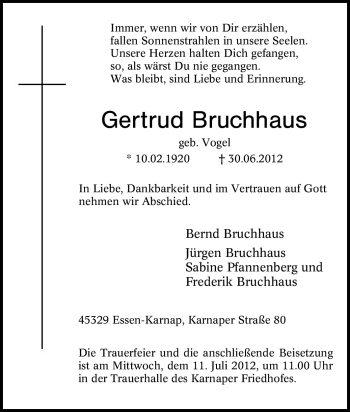 Traueranzeige von Gertrud Vogel von Tageszeitung