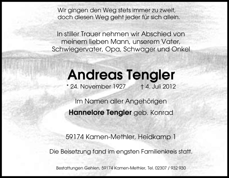  Traueranzeige für Andreas Tengler vom 28.07.2012 aus Tageszeitung