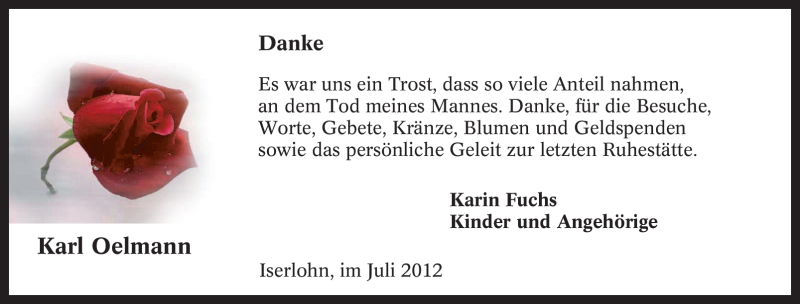  Traueranzeige für Karl Oelmann vom 21.07.2012 aus Tageszeitung