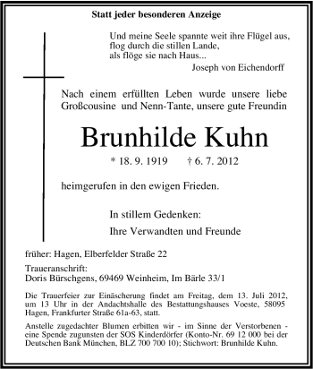 Traueranzeige von Brunhilde Kuhn von Tageszeitung