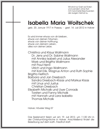 Traueranzeige von Isabella Maria Woitschek von Tageszeitung