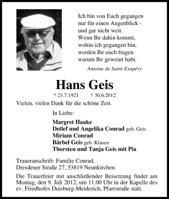 Traueranzeige von Hans Geis von Tageszeitung