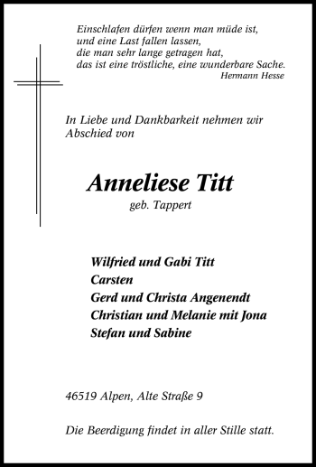 Traueranzeige von Anneliese Titt von Tageszeitung