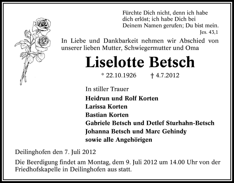  Traueranzeige für Liselotte Betsch vom 07.07.2012 aus Tageszeitung