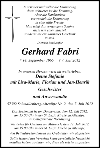 Traueranzeige von Gerhard Fabri von Tageszeitung