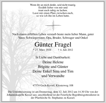 Traueranzeige von Günter Fragel von Tageszeitung