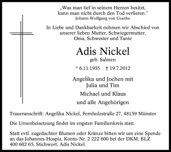Traueranzeige von Adis Nickel von Tageszeitung