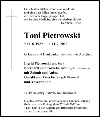 Traueranzeige von Toni Pietrowski von Tageszeitung