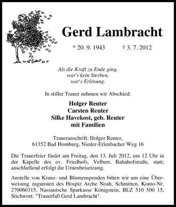 Traueranzeige von Gerd Lambracht von Tageszeitung