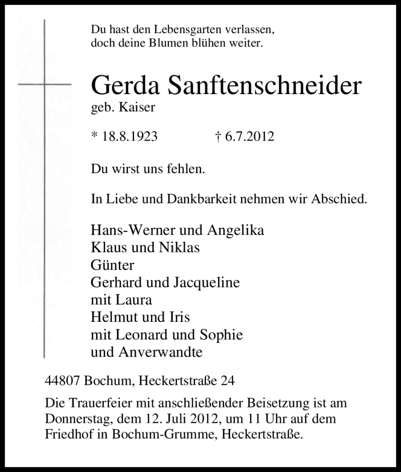  Traueranzeige für Gerda Sanftenschneider vom 10.07.2012 aus Tageszeitung