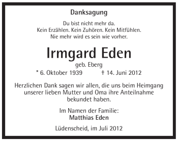 Traueranzeige von Irmgard Eden von Tageszeitung