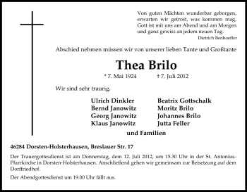Traueranzeige von Thea Brilo von Tageszeitung