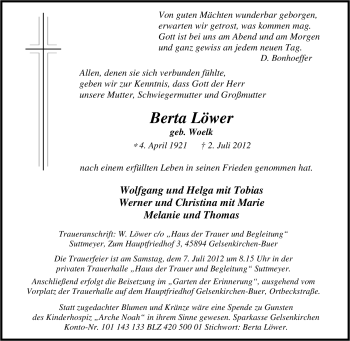Traueranzeige von Berta Löwer von Tageszeitung