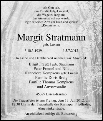 Traueranzeige von Margit Stratmann von Tageszeitung