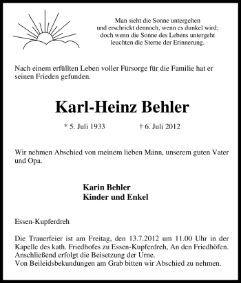 Traueranzeige von Karl-Heinz Behler von Tageszeitung