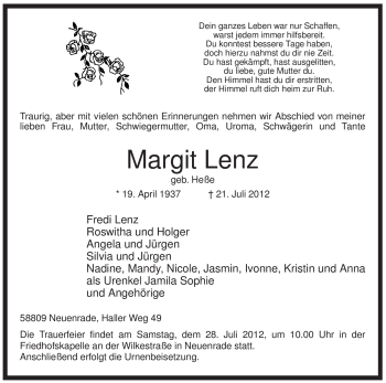 Traueranzeige von Margit Lenz von Tageszeitung