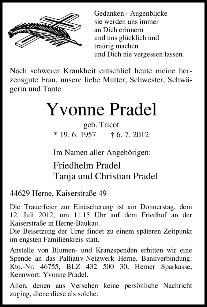  Traueranzeige für Yvonne Pradel vom 10.07.2012 aus Tageszeitung