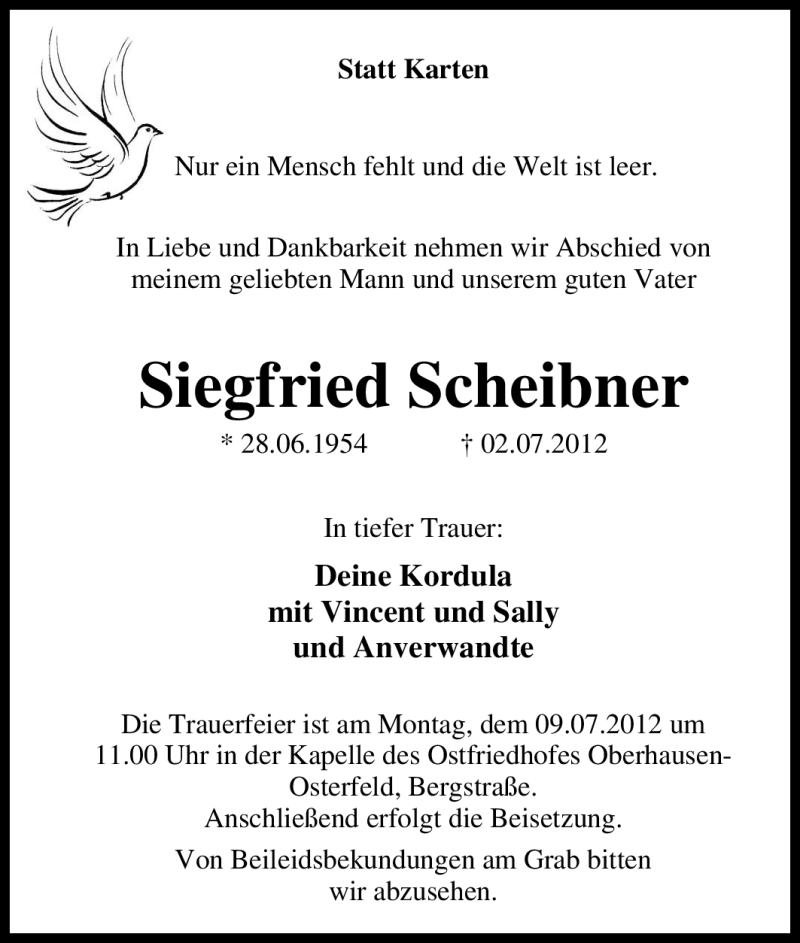  Traueranzeige für Siegfried Scheibner vom 05.07.2012 aus Tageszeitung