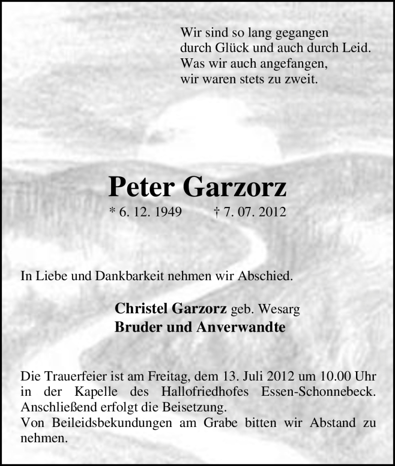  Traueranzeige für Peter Garzorz vom 10.07.2012 aus Tageszeitung
