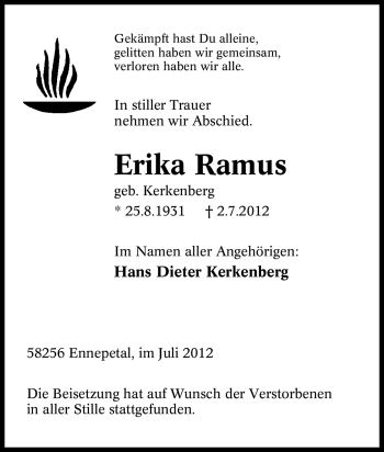 Traueranzeige von Erika Ramus von Tageszeitung