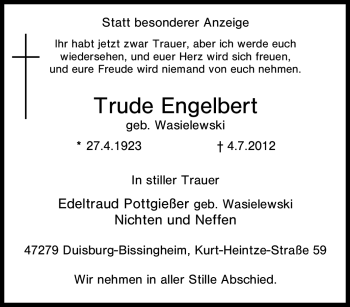 Traueranzeige von Trude Engelbert von Tageszeitung