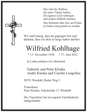 Traueranzeige von Wilfried Kohlhage von Tageszeitung