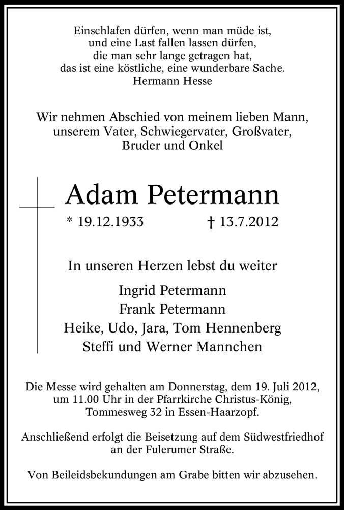 Traueranzeigen Von Adam Petermann Trauer In NRW De