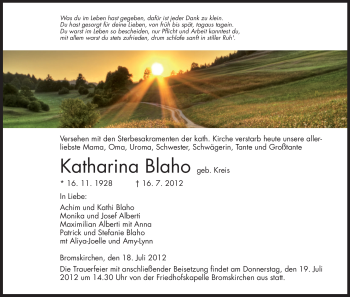 Traueranzeige von Katharina Blaho von Tageszeitung