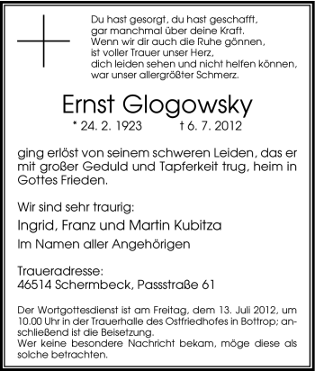 Traueranzeige von Ernst Glogowsky von Tageszeitung