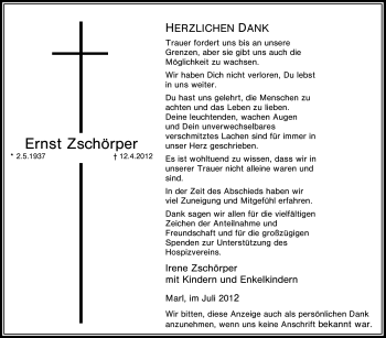 Traueranzeige von Ernst Zschörper von Tageszeitung