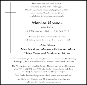 Traueranzeige von Monika Brauck von Tageszeitung