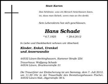 Traueranzeige von Hans Schade von Tageszeitung